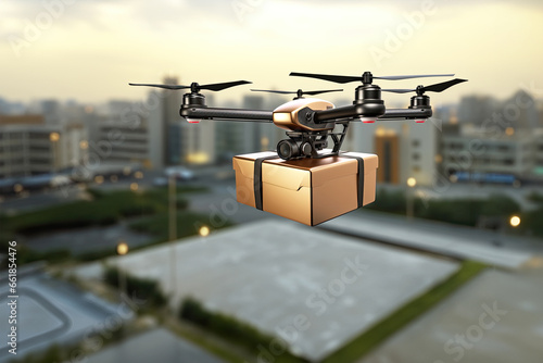 a logistic drone flying up and holding a big paper derlivery box on sky