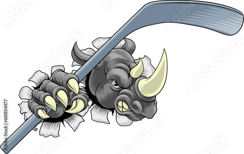 A rhino or rhinoceros ice hockey tough cartoon sports mascot