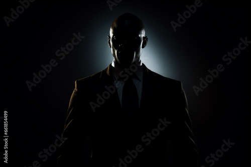 In a dark, anonymous photo concept focused on business term, a man in a mysterious black suit embodies an enigmatic aura. photo