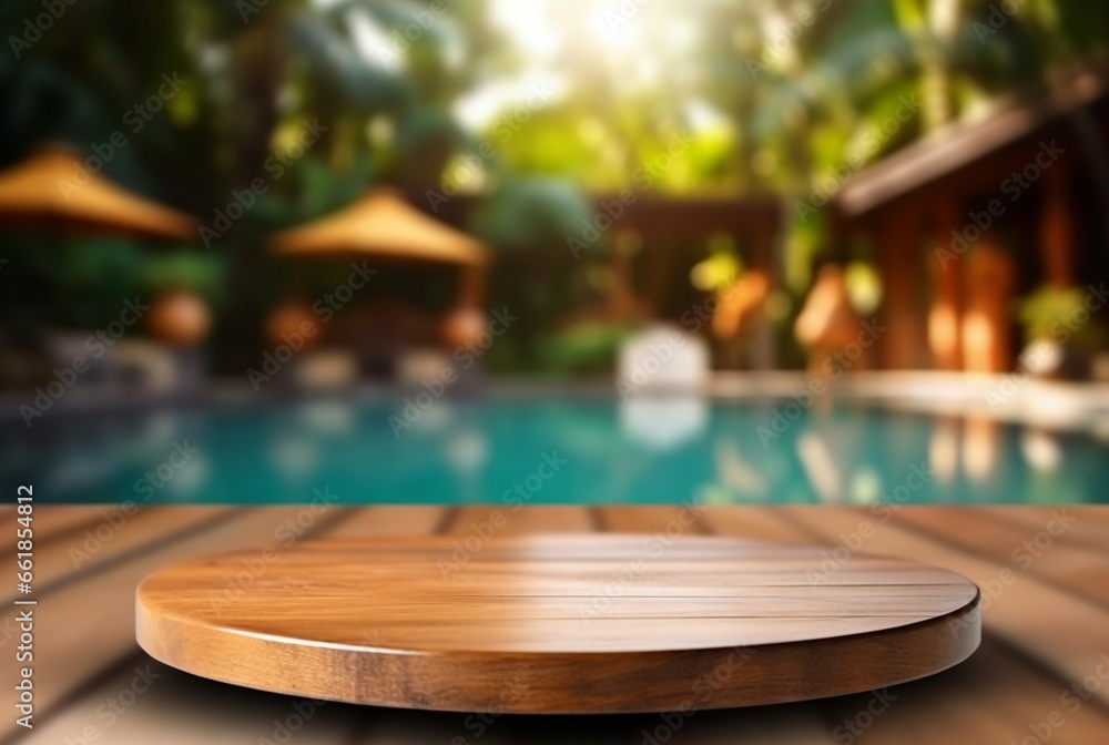 empty wooden table with blurred background of swimming pool and sunlight, for podium product display. generative ai empty wooden table with blurred background of swimming pool and sunlight, for podium product display. generative ai