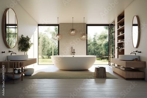 An open bathroom with a standalone tub and separate shower. Generative AI © Fiorella