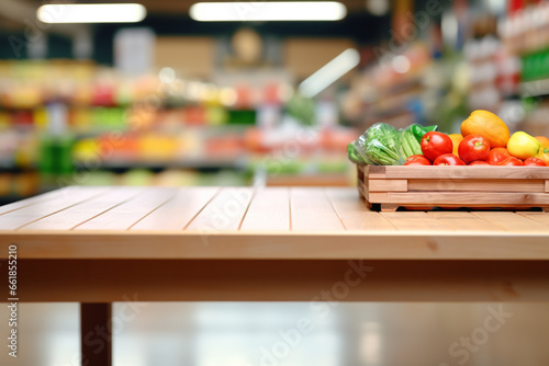 Top surface wood table with blurred grocery store  background. © Sawai Thong