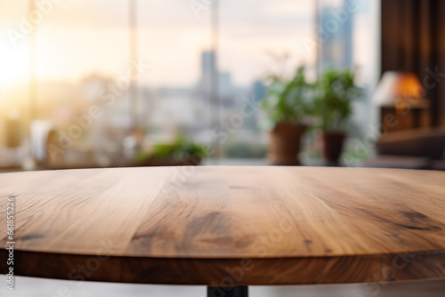 Top of surface wooden table with blurred modern living room background.