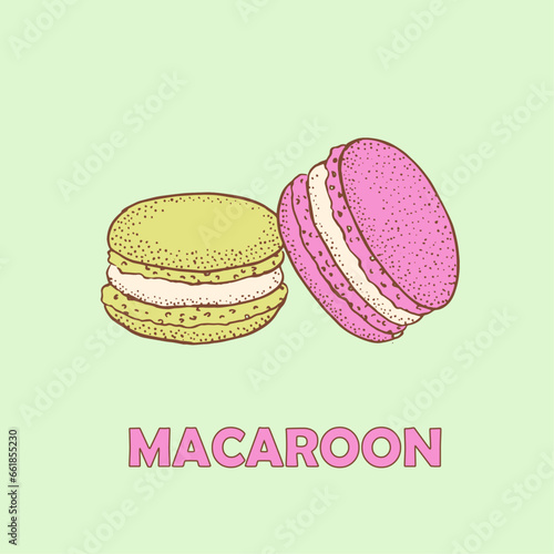 Macaroon, colorful macaroons, sweet food, cakes , line art, package, logo, vector illustration, pink, green, yellow , bakery, confectionery 