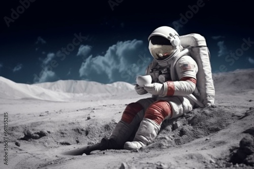 space explorer sipping coffee on lunar surface. Generative AI photo