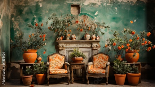 rustic interior design with potted flowers and two chairs