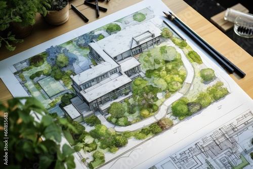 Fototapeta Naklejka Na Ścianę i Meble -  Architectural plans with landscape design on the desk. Top view