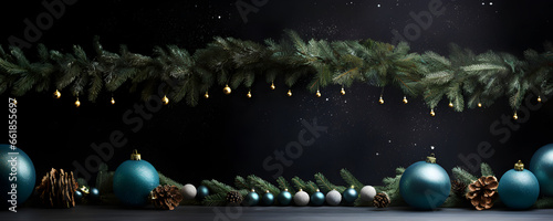 Festive Christmas tree garland decoration balls in green gold sparkle banner dark © Olga