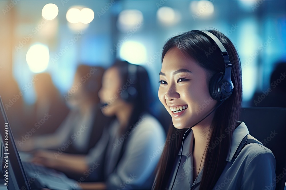 Professional Asian call center team providing excellent customer service with a friendly service mindset. Generative AI Professional Asian call center team providing excellent customer service with a friendly service mindset. Generative AI