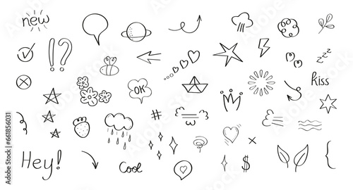 Doodle style collection vector for social net. Sketch underlines  icons  emphasis  speech bubbles. Line elements of heart  arrows  scribble  flower.
