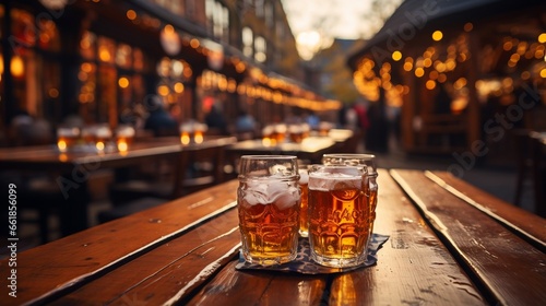 Glasses of fresh beer on a wooden table in a traditional German bar on a sunny autumn day. Oktoberfest celebration.