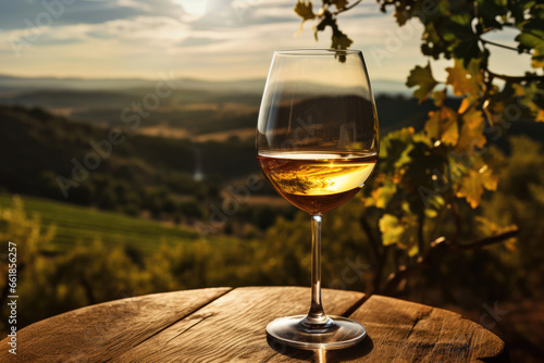 Glass of wine on table against vineyard background, winemaking concept