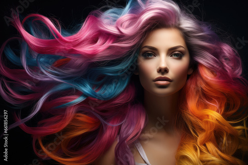 Beautiful girl with rainbow hair, professional hair coloring