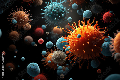 Close-up of colored virus cells or bacteria