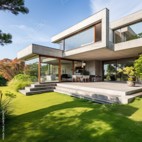Modern house design featuring a beautiful blend of materials, including concrete, steel and glass. © Smart AI