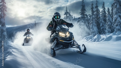 Adventurous rides snowmobiling through snowy terrain
