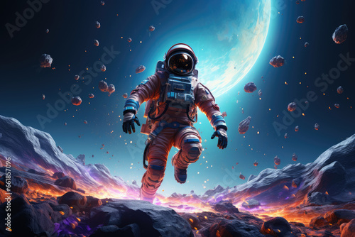 Astronaut cosmonaut walking on an unexplored planet