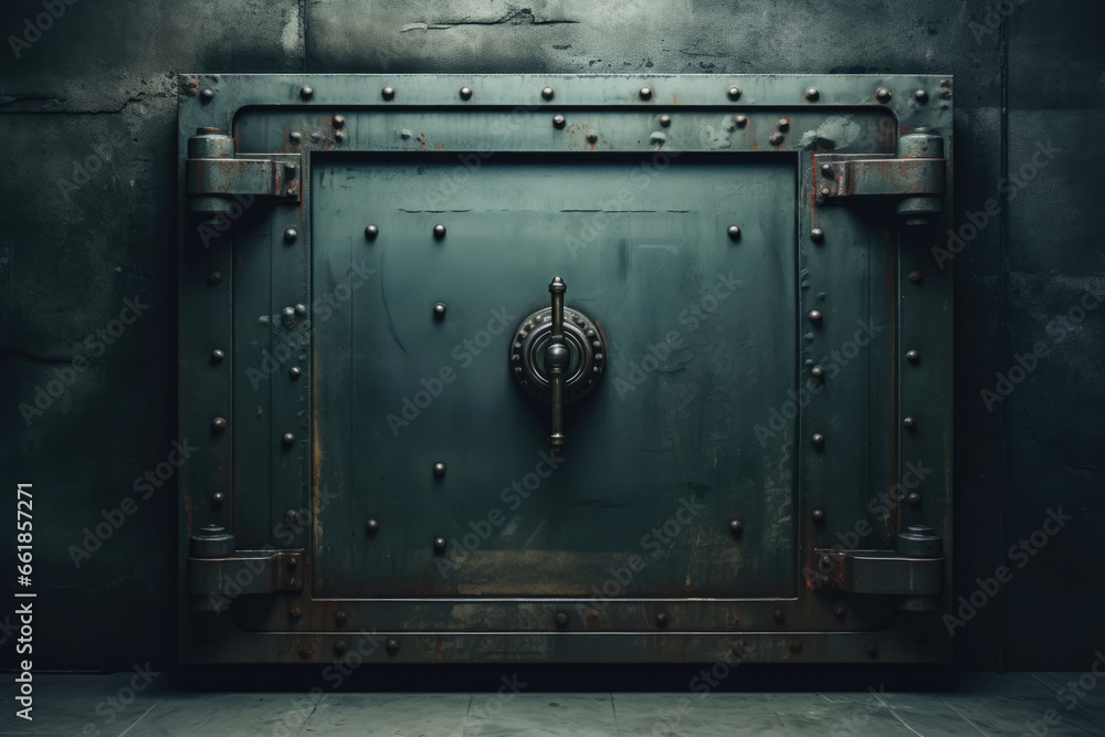 Iron armored heavy door gate in bank vault - obrazy, fototapety, plakaty 