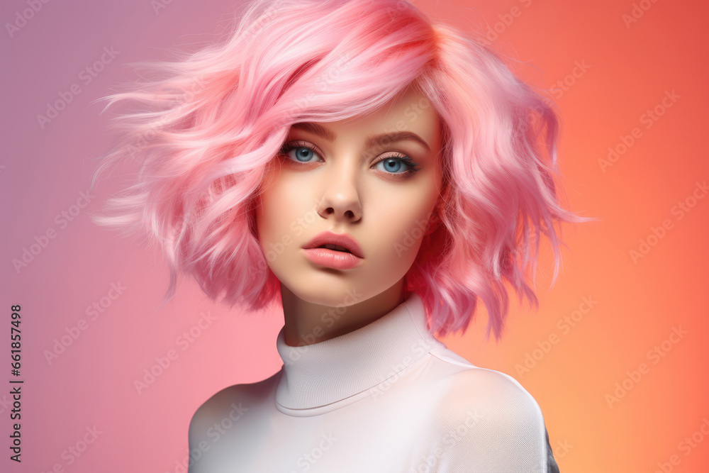 Woman with trendy pink hair