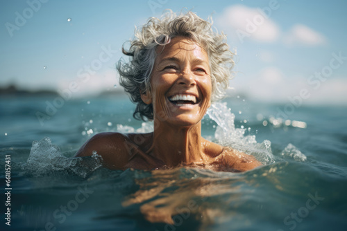 Happy smiling elderly senior woman at the sea. Vacation on the beach concept
