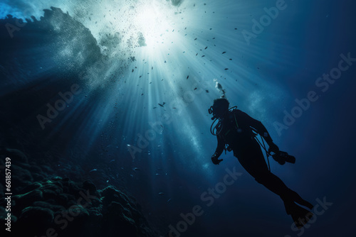 Silhouette of a scuba diver underwater in the rays of light © Michael