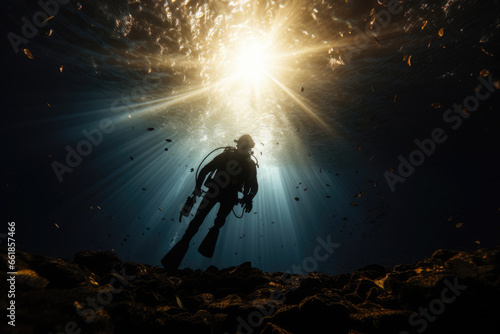 Silhouette of a scuba diver underwater in the rays of light