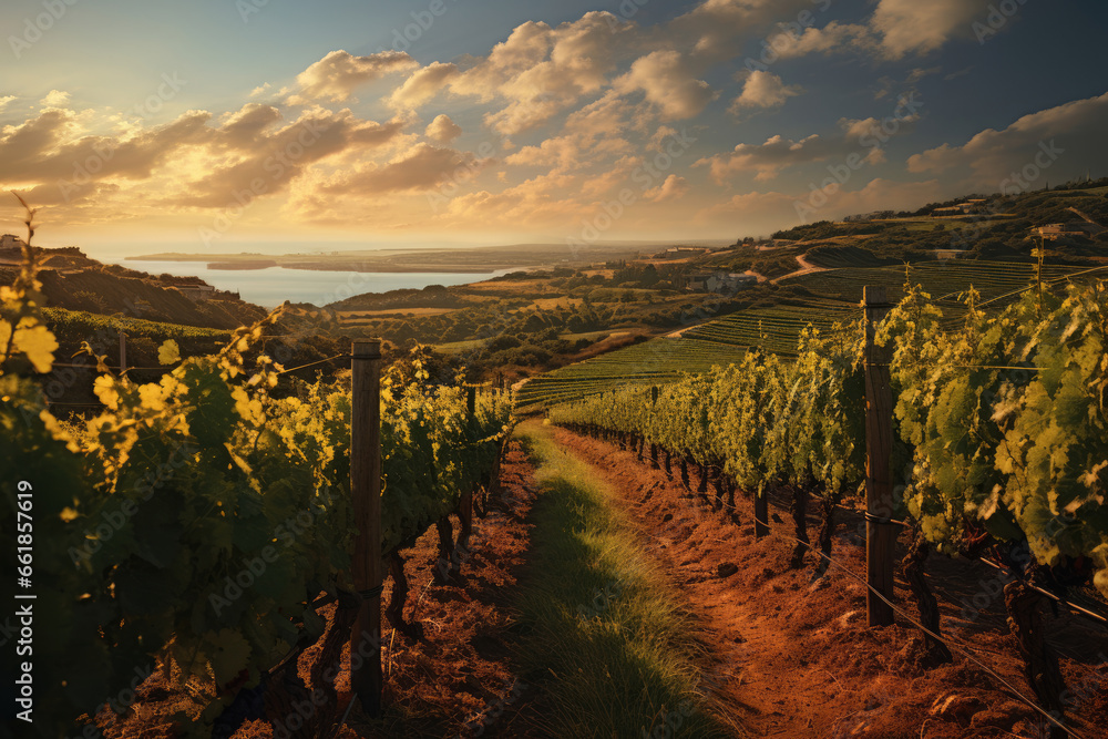 Panorama of summer vineyard in mountain valley