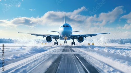 Airplane fly up over take-off runway the snow-covered airport