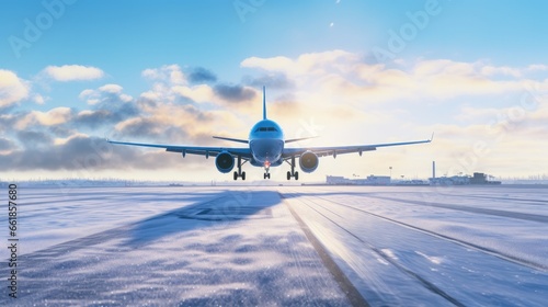 Airplane fly up over take-off runway the snow-covered airport