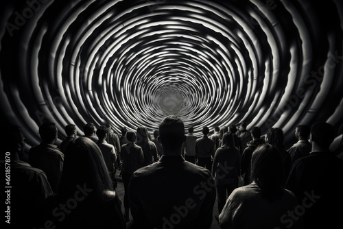 group of people watching a hypnotic pattern on the wall, the concept of manipulation of TV, internet, fake news, black and white