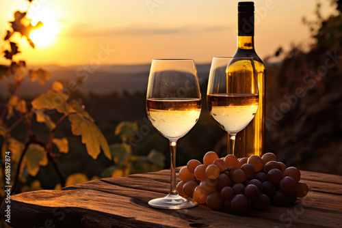 Glasses of wine and grapes on a barrel on the background of a vineyard, winemaking concept