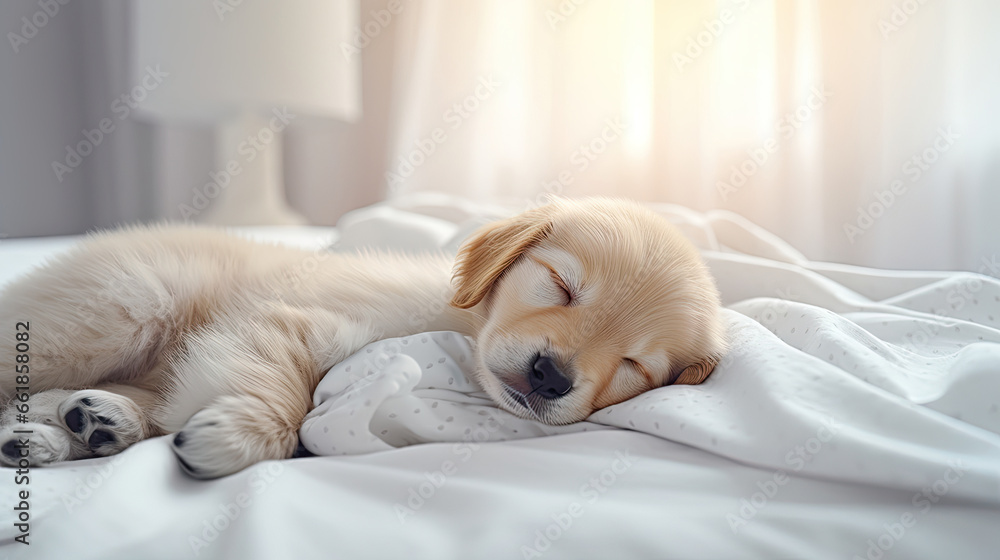 Golden retriever puppy sleeping in bed at home bedroom with window background Golden retriever puppy sleeping in bed at home bedroom with window background