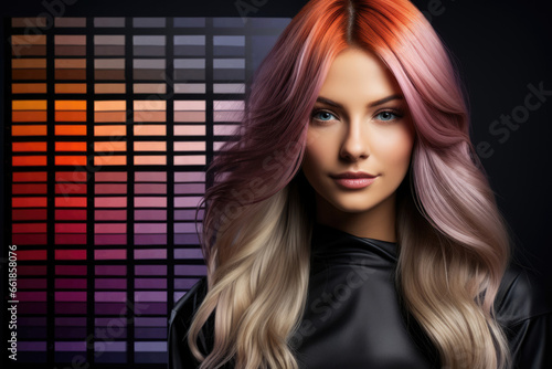Woman on background with set of hair dye colors palette