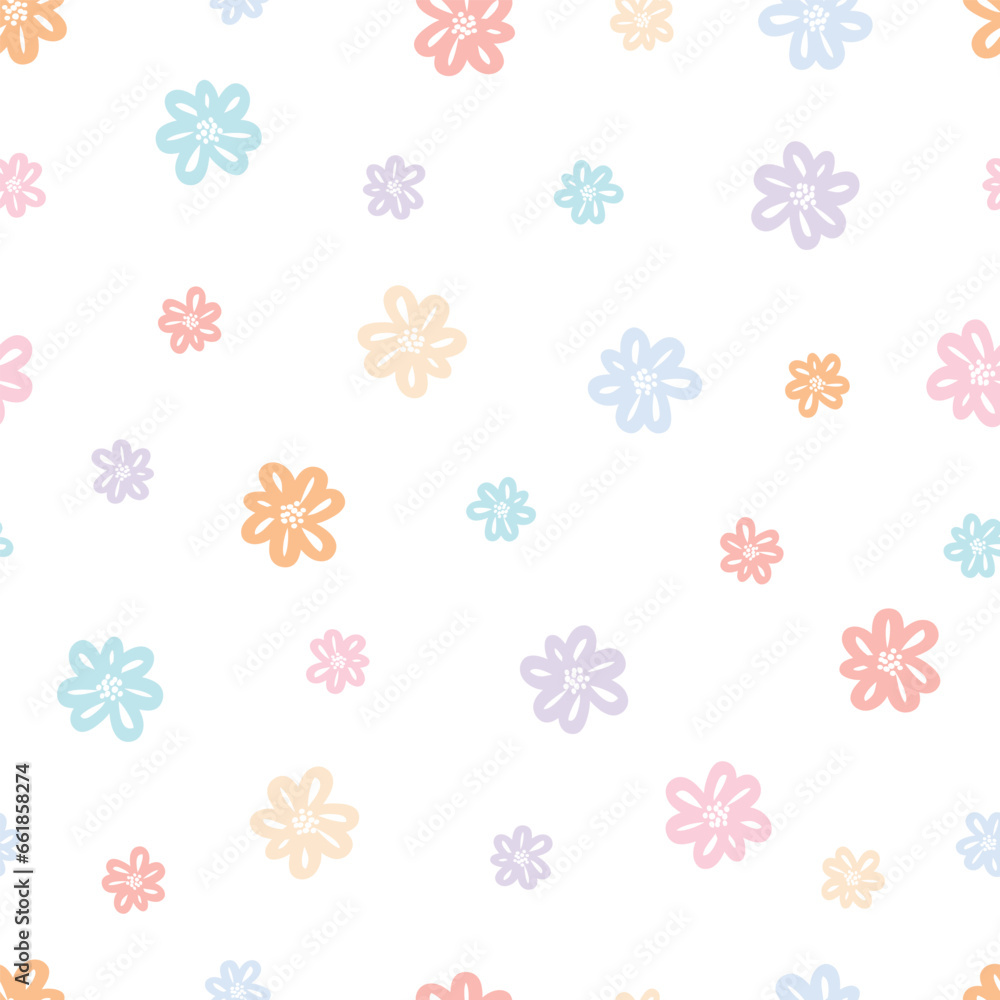 Baby seamless pattern Flower background randomly placed on a white background Hand drawn design in cartoon style, used for fabrics, textiles, gift wrapping, vector illustration.