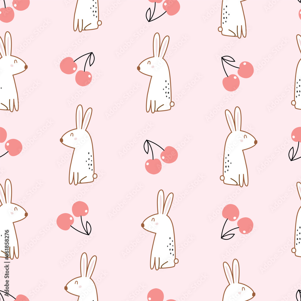 Baby seamless pattern cute rabbit with cherry on pink background hand drawn design in cartoon style Used for prints, decorative wallpaper, textiles, vector illustrations.