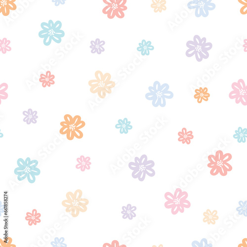 Baby seamless pattern Flower background randomly placed on a white background Hand drawn design in cartoon style, used for fabrics, textiles, gift wrapping, vector illustration.