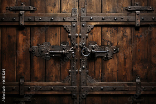 Old ancient wooden gate with locks and bolts