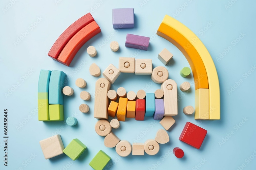 Educational wooden toys for children: rainbow stacking blocks, teethers, building stones on light blue background. Top view. Generative AI