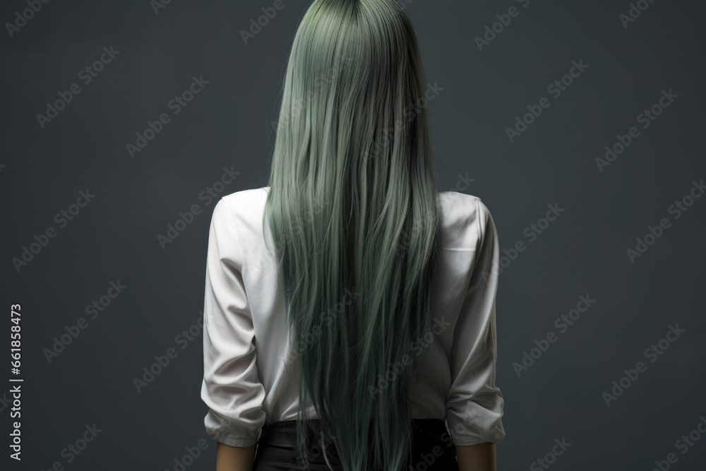 Woman with long green hair on a gray background