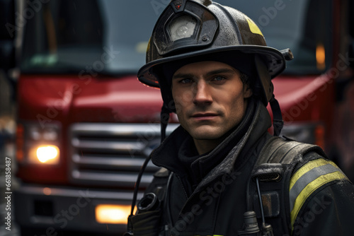 Firefighter in uniform and helmet stand in front of fire truck © Michael