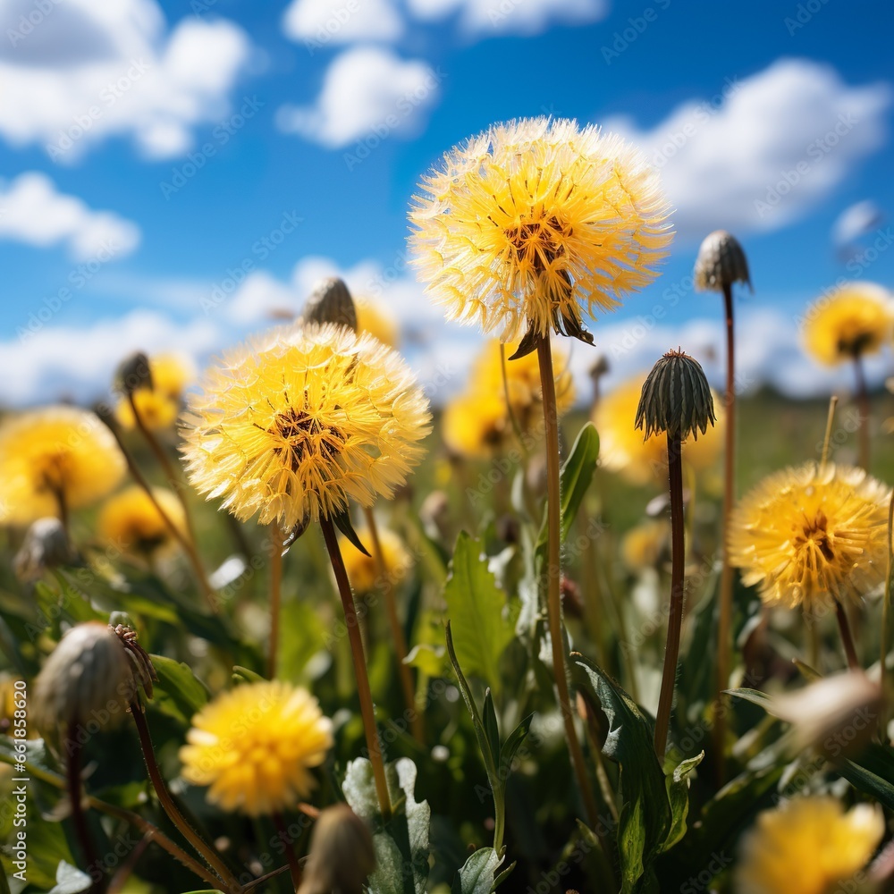 Many yellow dandelion flowers on a natural meadow