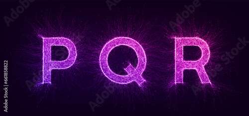Artificial intelligence futuristic alphabet with thin expansion glowing lines. PQR. Neural network, machine learning, quantum computer, big data. Overlay color, easy to change. Vector illustration