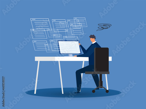 frustrated businessman sitting on office busy desk. Overwhelmed, work stress, tired or fatigue from overworked, busy to finish project paperwork in deadline, anxiety or exhaustion, headache concept..