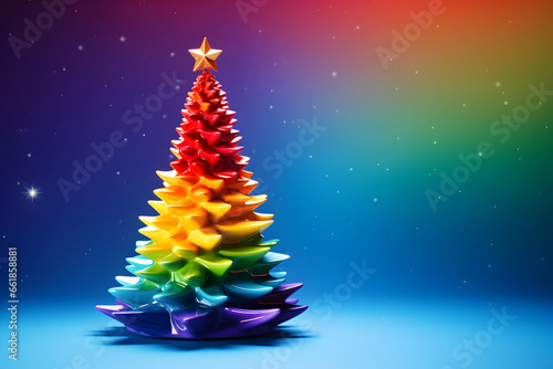 christmas tree with star rainbow colors at night sky photo