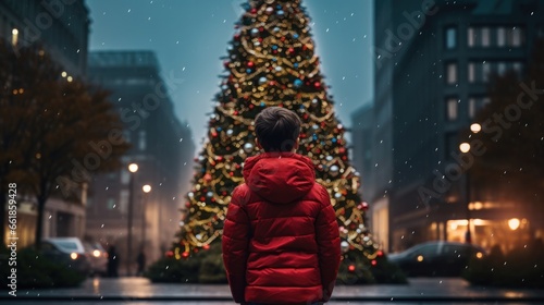 Boy child standing next to a Christmas tree in the city