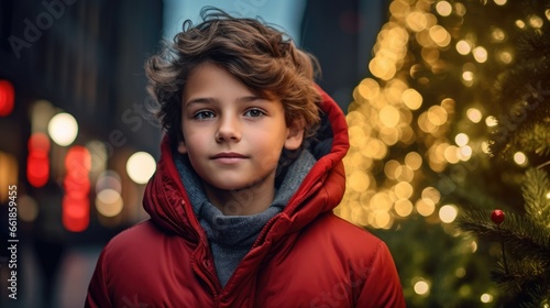 Boy child standing next to a Christmas tree in the city