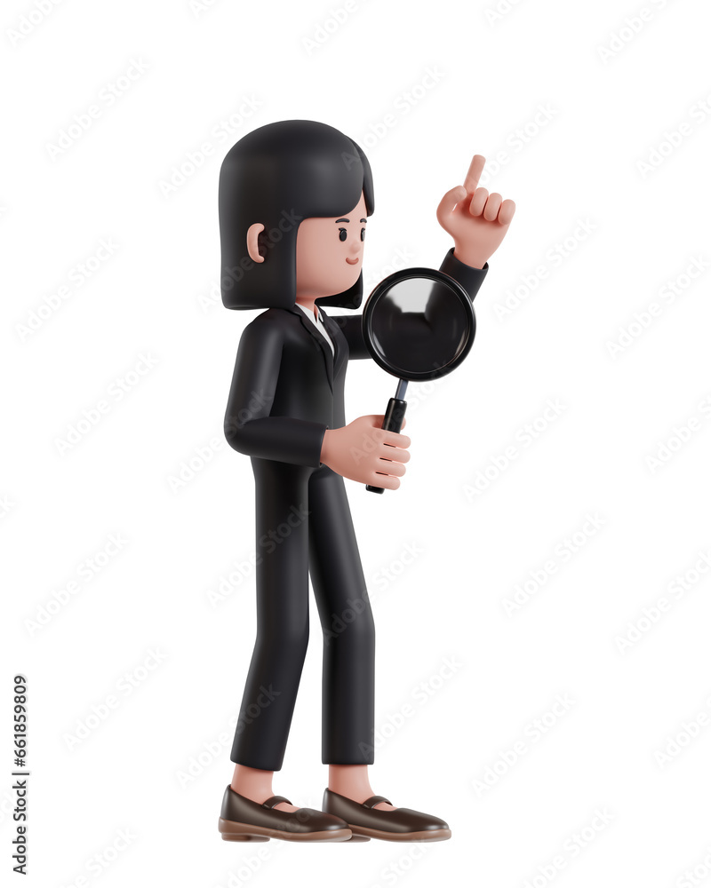 3d Illustration of Cartoon Businesswoman holding a magnifying glass looking for business solutions 3d Illustration of Cartoon Businesswoman holding a magnifying glass looking for business solutions