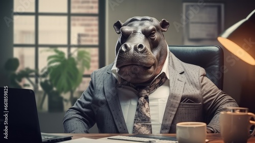 Businessman hippopotamus sitting at office with eyeglasses