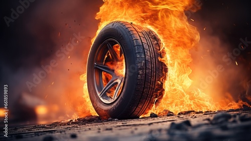 Car tire in fire
