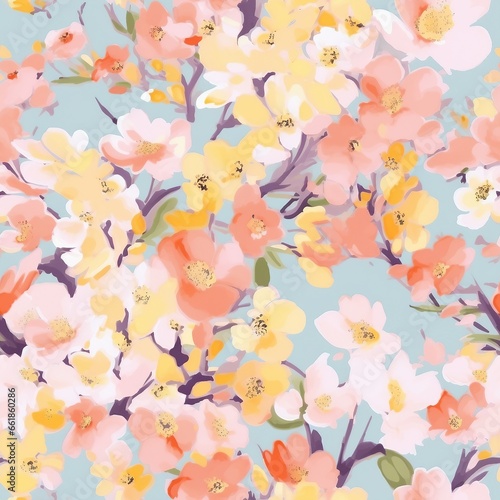 Abstract floral seamless pattern. Bright colors  painting on a light background. Cherry blossoms. generative ai.